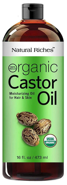 Natural Riches front packaging amber bottle shows certified organic labeling and benefits