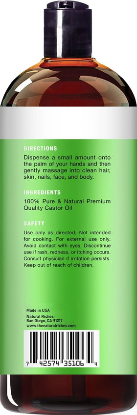 Natural Riches castor oil in bathroom setting conveying daily routine and convenience