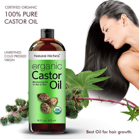 Natural Riches castor oil pouring from bottle demonstrating thick texture and purity