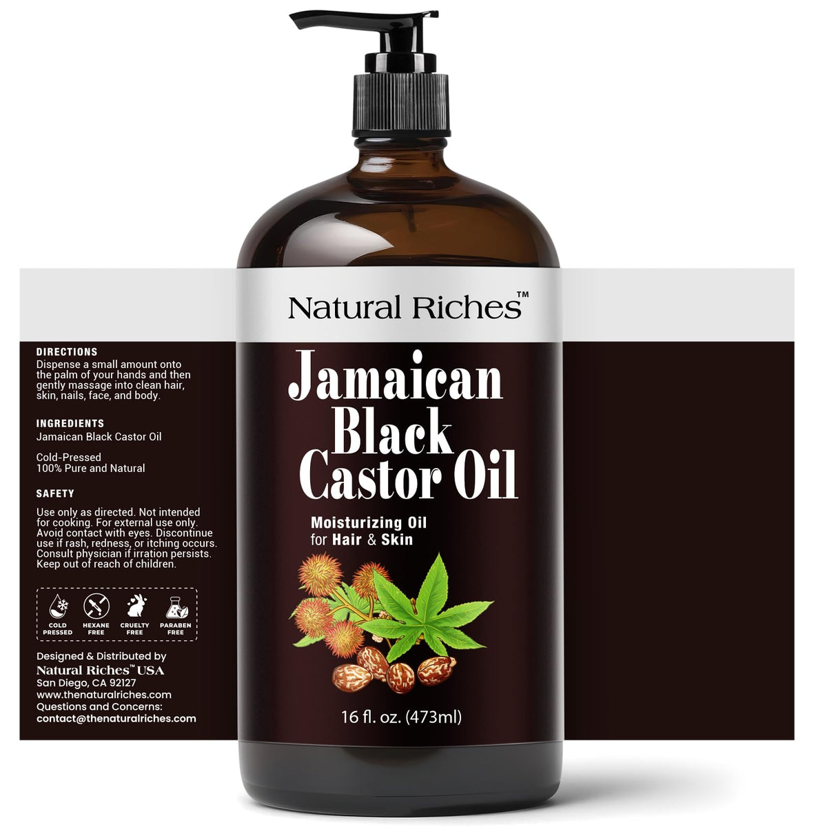 Natural Riches dark castor oil pouring close-up highlighting rich texture and potency
