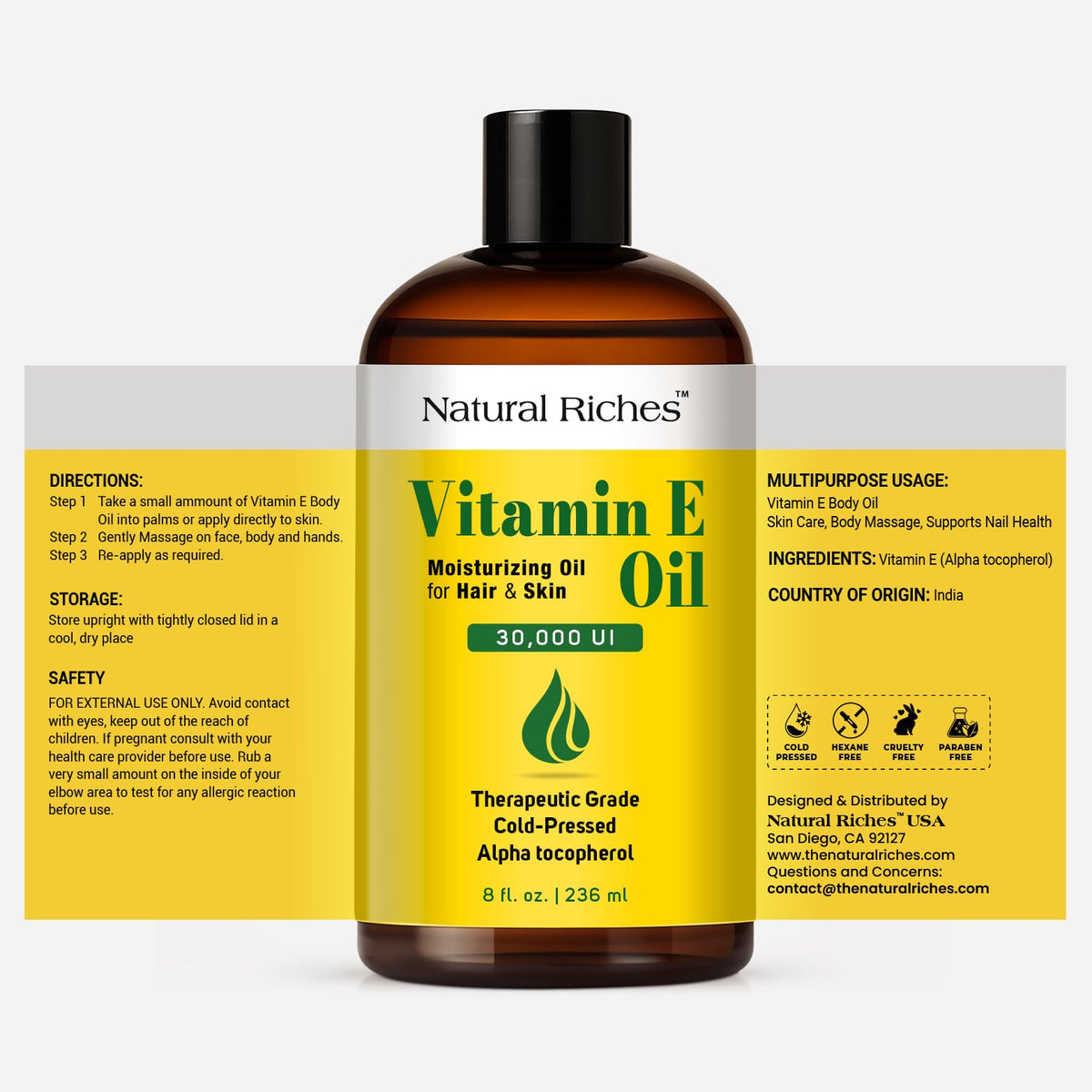 Natural Riches dropper dispensing clear oil for precise, mess-free use