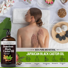 Natural Riches bottle styled on bathroom shelf to show premium glass packaging