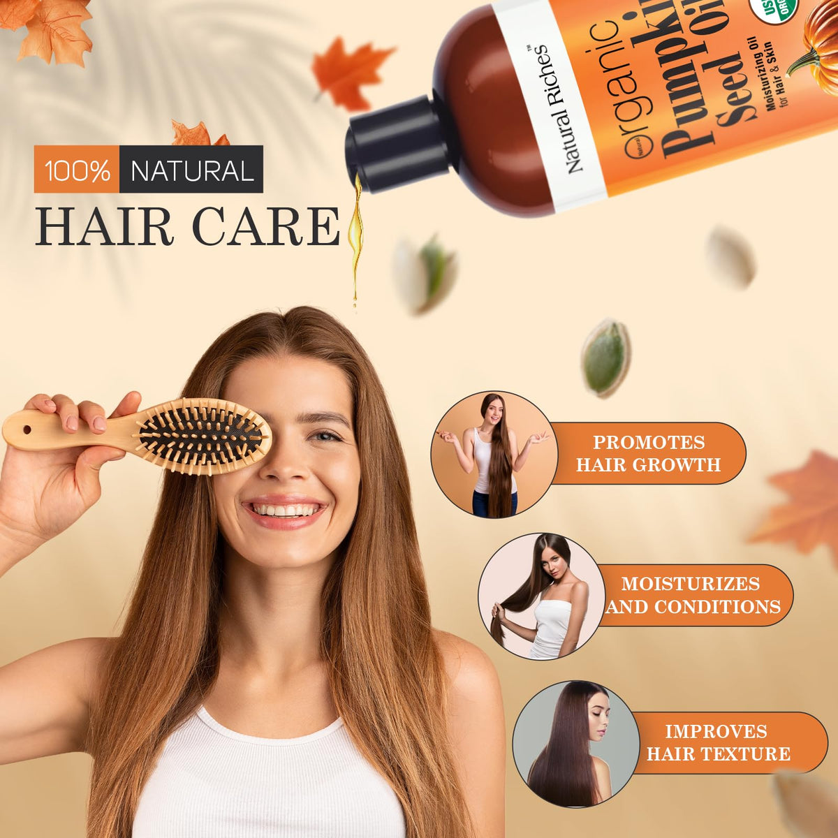 Natural Riches oil on hands being massaged in for hydrated skin benefit