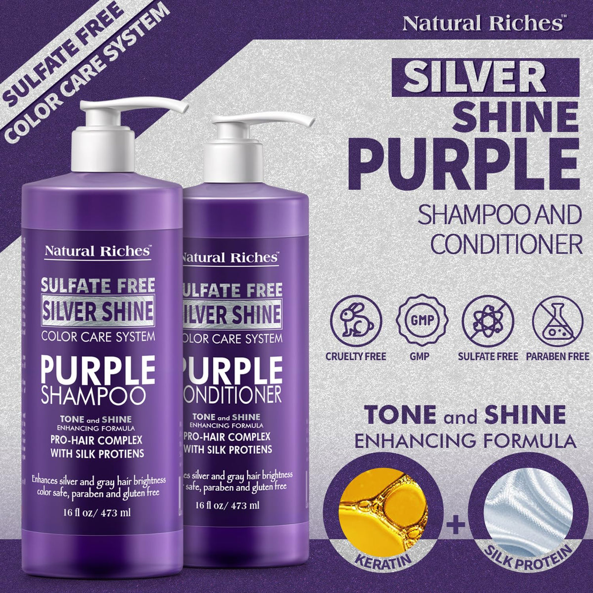 Natural Riches shampoo lather on gray hair demonstrating brassiness control