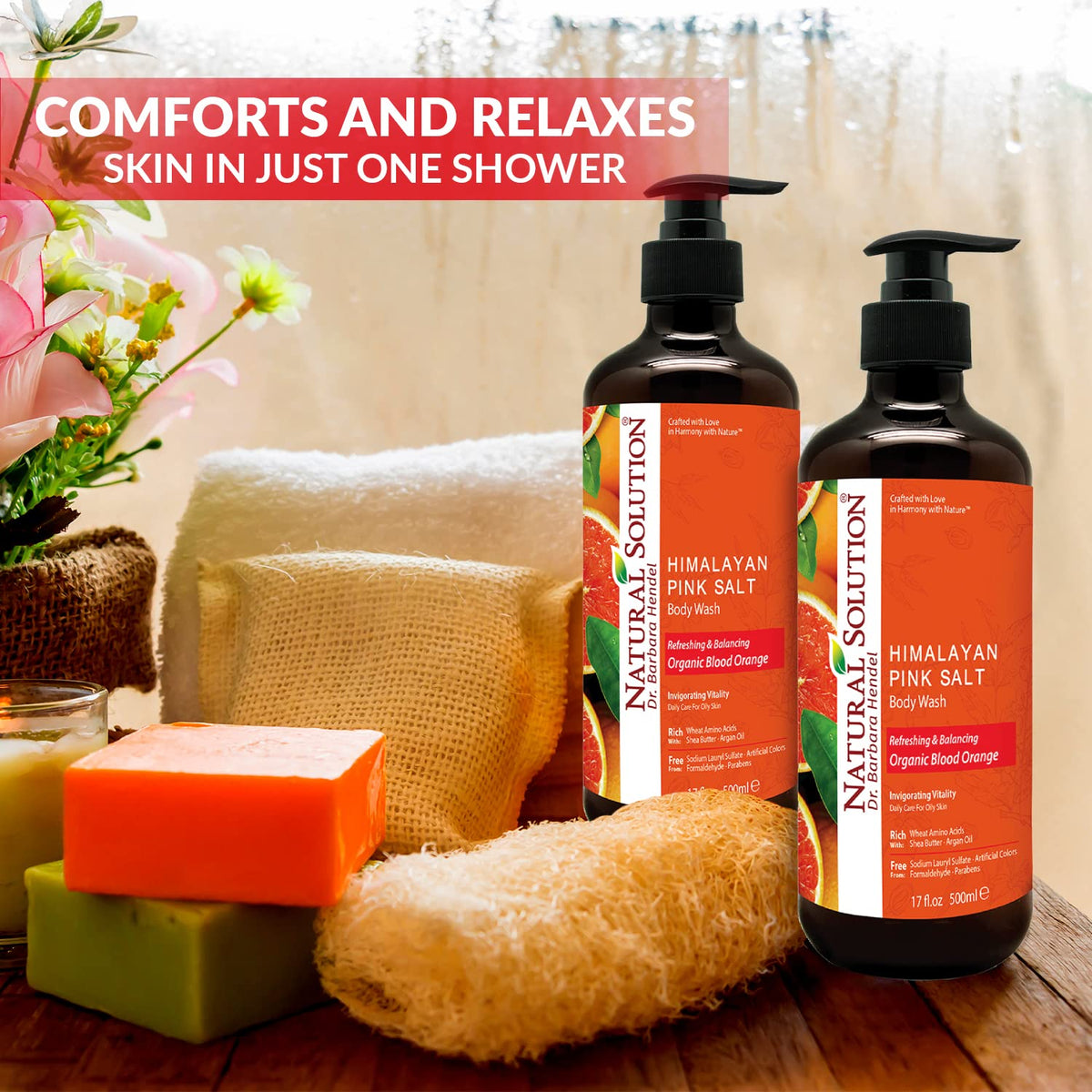 Natural Solution bottle on shower shelf highlighting convenient multipack supply