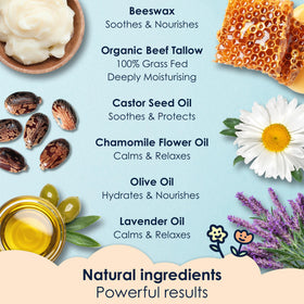 NaturallyMum ingredients flatlay with tallow, beeswax, chamomile illustrating natural sourcing