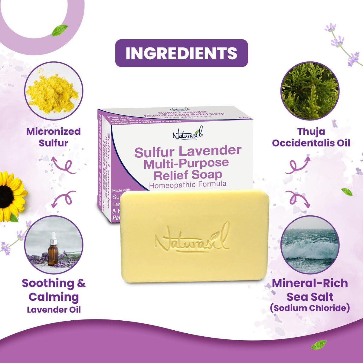 Naturasil soap near lavender sprigs showing botanical calming ingredient