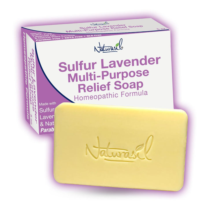 Naturasil soap front packaging shows sulfur lavender benefits for clearer skin
