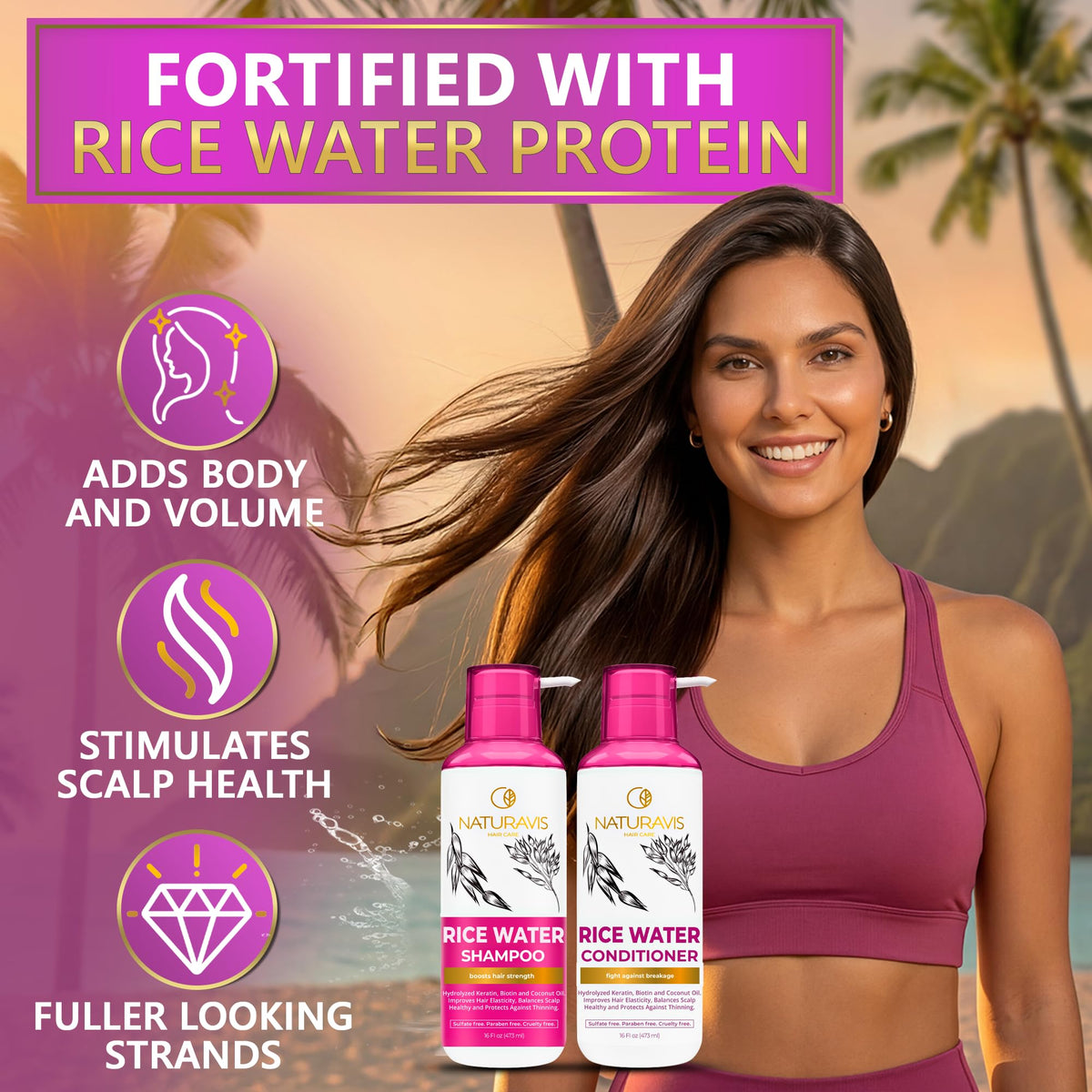 NATURAVIS bottle label detail highlighting rice water and biotin blend