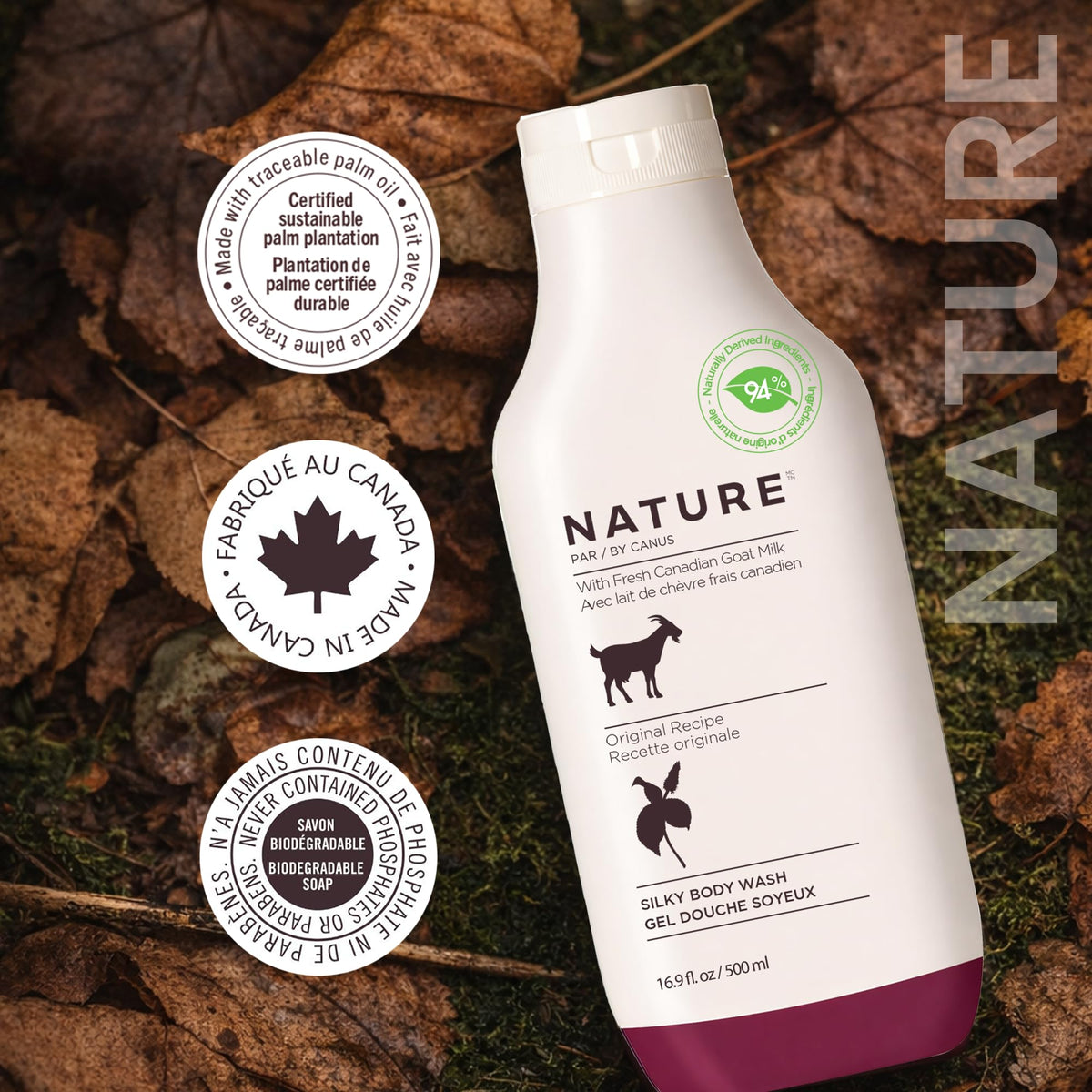Nature by Canus label detail showing ingredients and dermatologist tested benefit