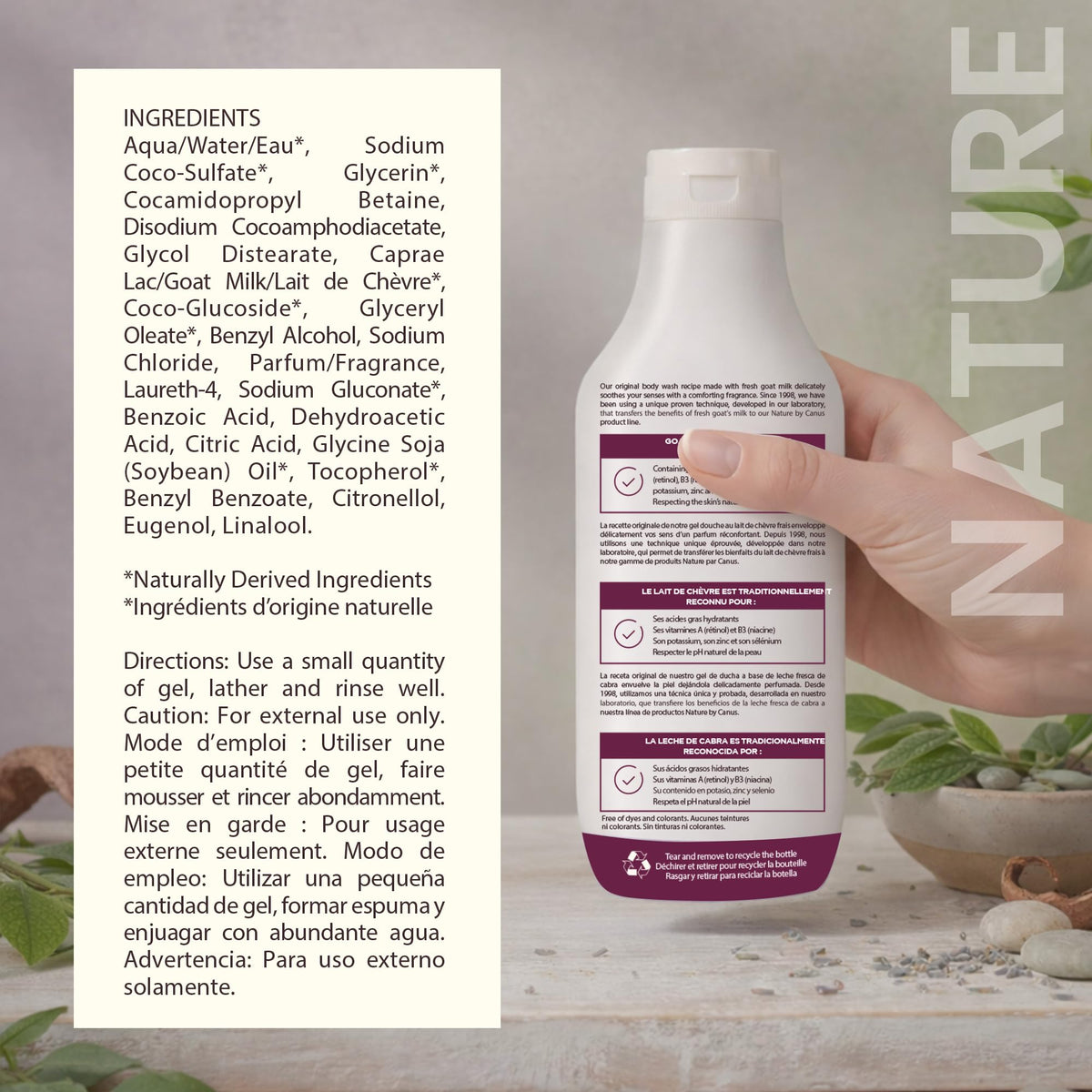 Nature by Canus bottle on bath shelf in calming setting for a nourishing routine