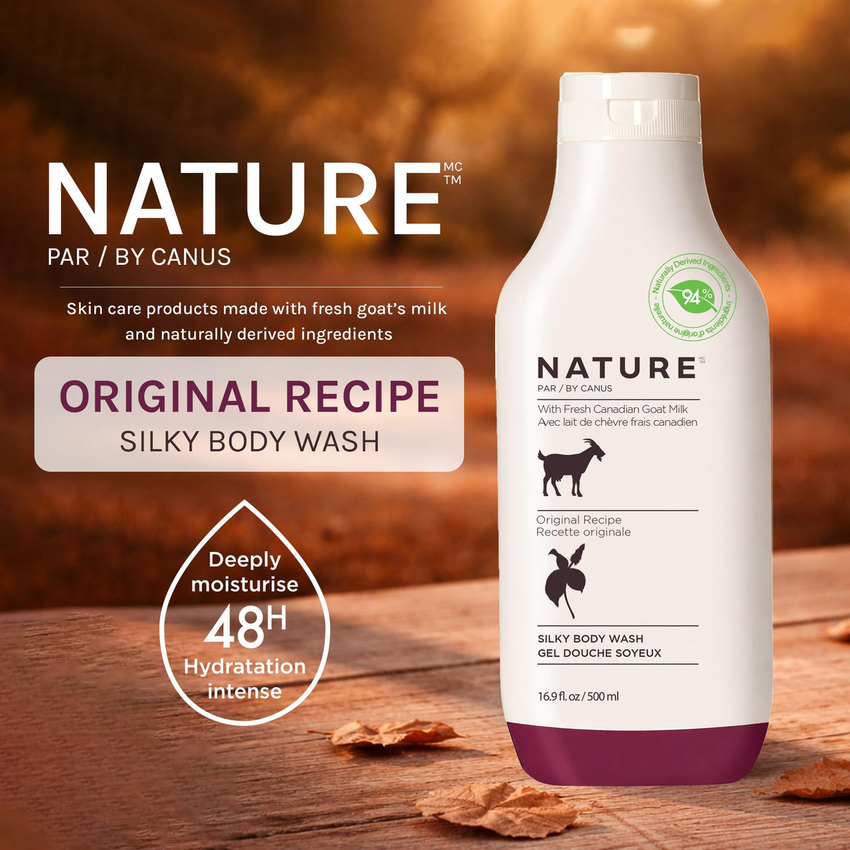 Nature by Canus pouring body wash into hand to create soft lather for comfort