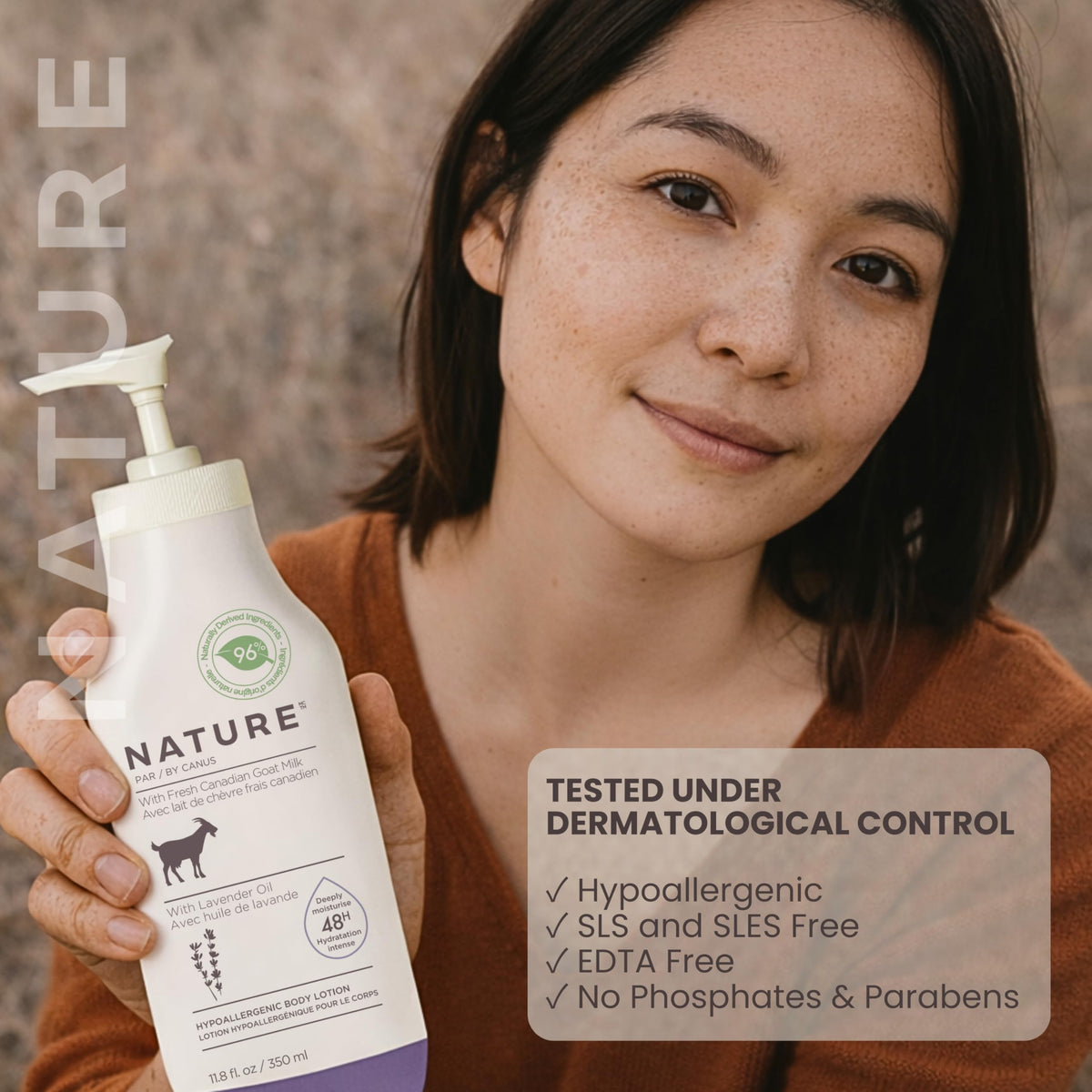 Nature by Canus bottle next to a ruler showing 11.8 oz scale benefit