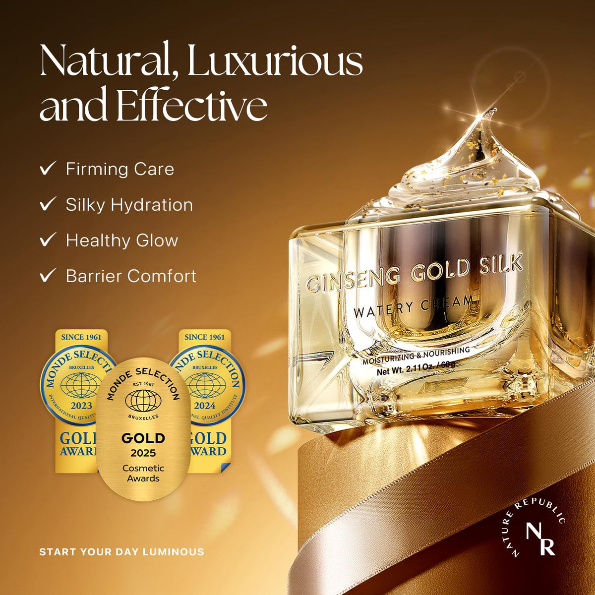 Nature Republic open jar with gold flakes visible for luxurious effect