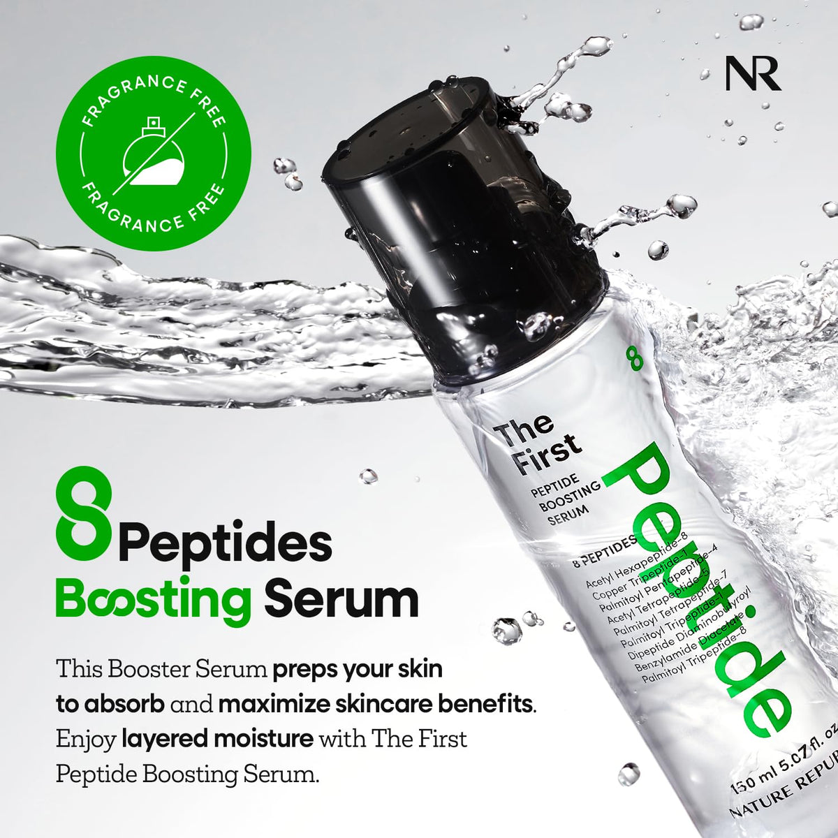 Nature Republic pump and cap detail highlighting hygienic dispenser and precise application benefit