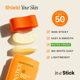 Nature Republic sun stick in hand showing travel-size 21g portability benefit