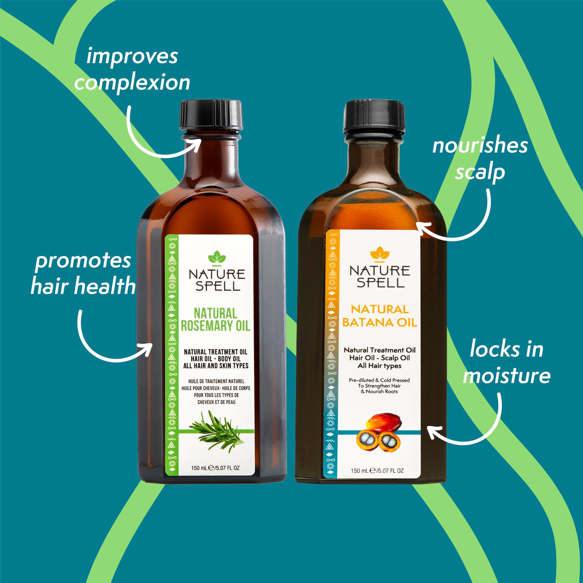Nature Spell rosemary oil bottle close-up highlighting label and lightweight texture benefit