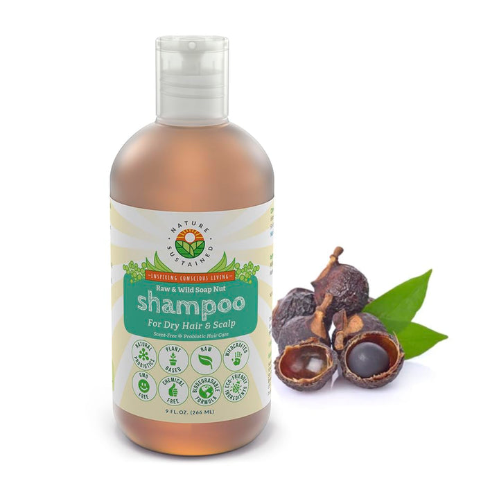 Nature Sustained front bottle showing organic shampoo and hydrating benefits