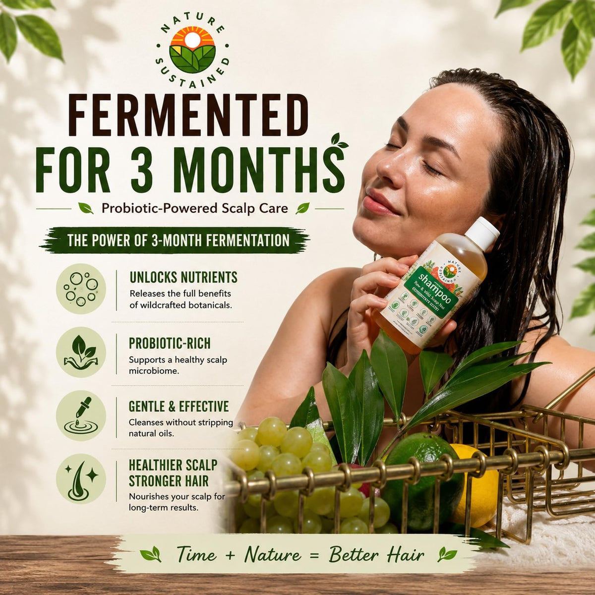 Nature Sustained shampoo poured into hand showing lightweight consistency