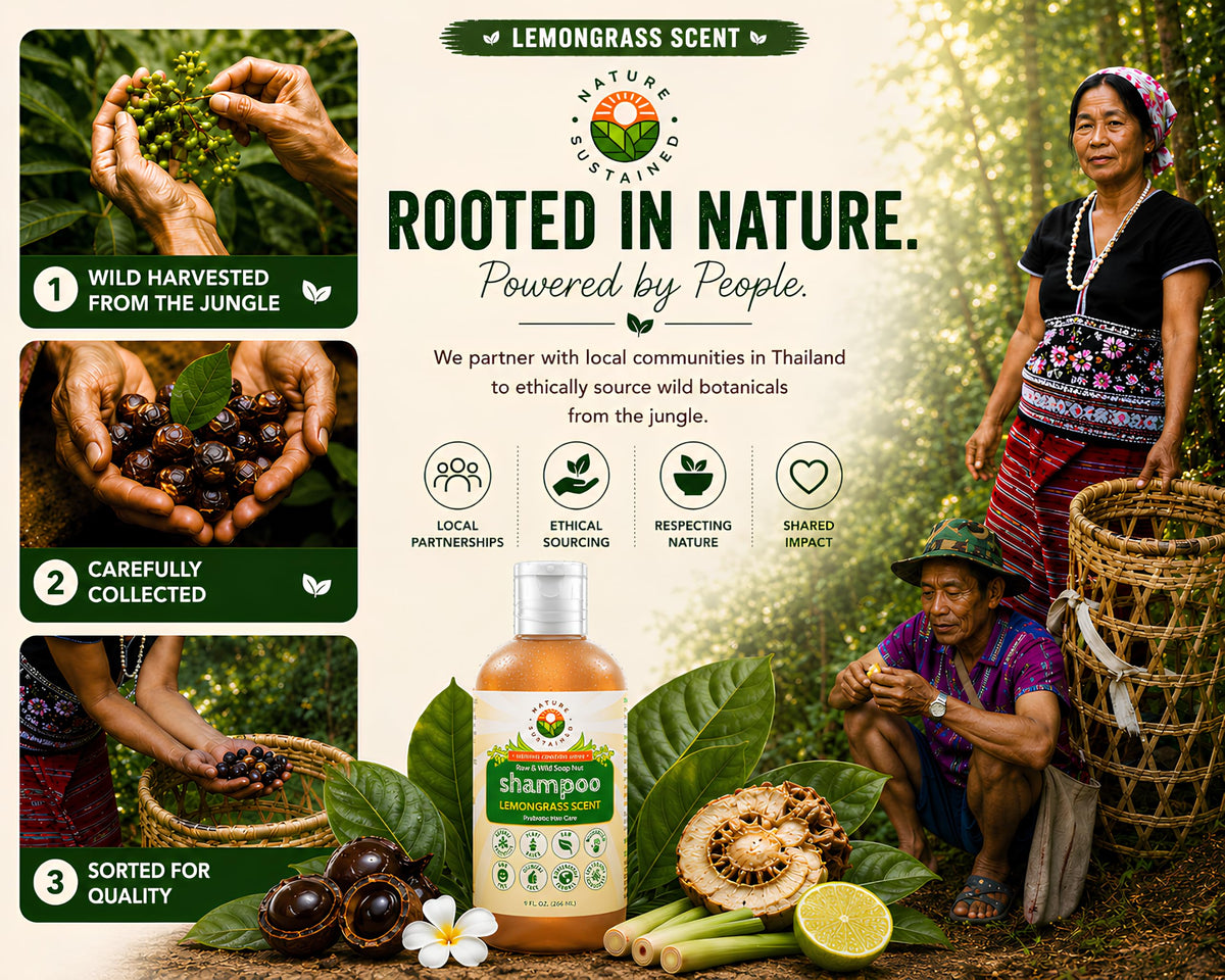 Nature Sustained shampoo bottle staged in a bathroom for everyday use
