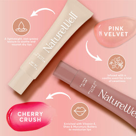 Nature Well Cherry Crush swipe on lips showing noticeable pop of color and moisturizing sheen