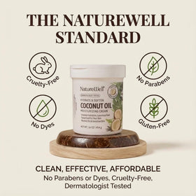 NATURE WELL applying cream to elbow showcasing softened rough-skin results