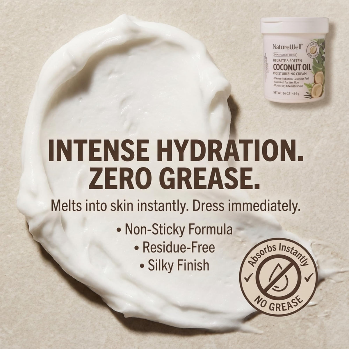 NATURE WELL dispensing cream onto hands demonstrating quick, non-greasy hydration