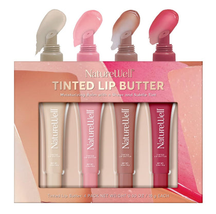 Nature Well front packaging showing four tinted lip butter tubes for easy shade choice and portability
