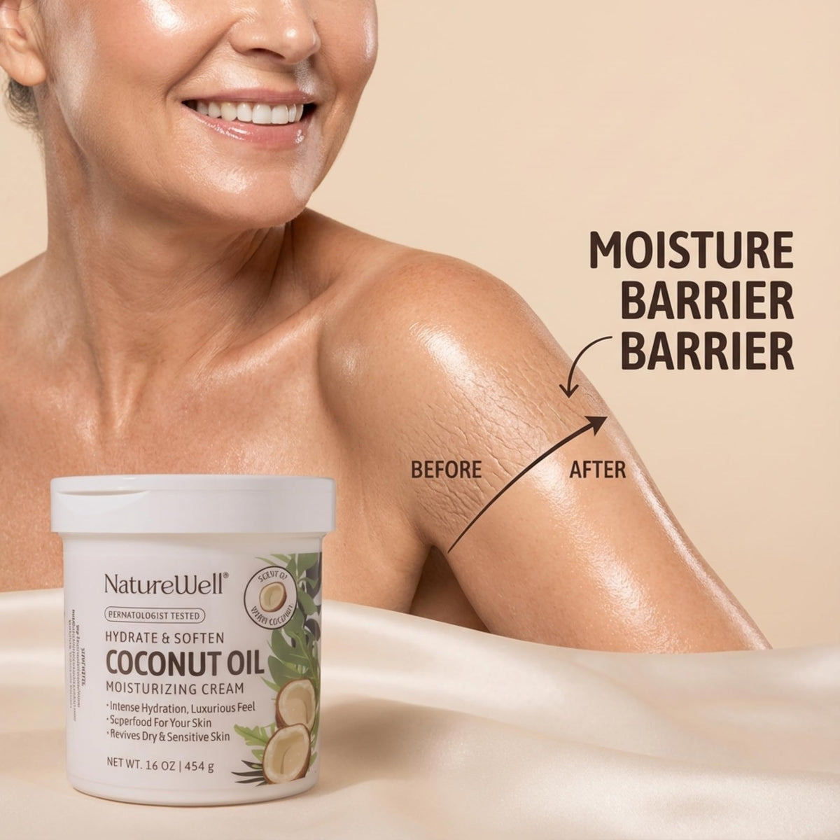 NATURE WELL label close-up highlighting ingredients and moisturizing benefits
