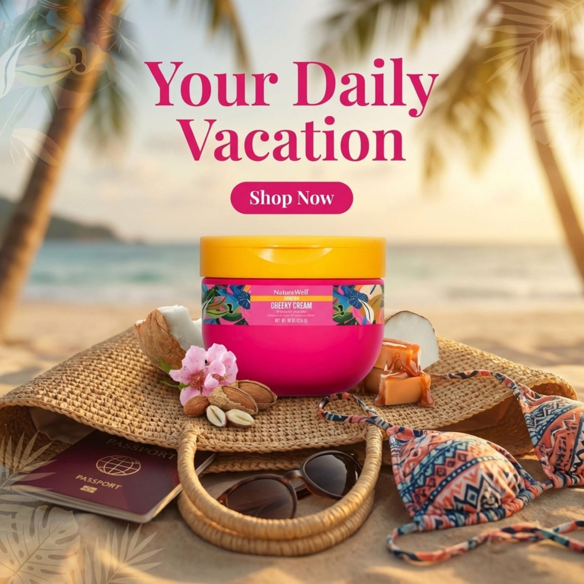 NATURE WELL lifestyle on beach towel suggesting travel-ready nourishment