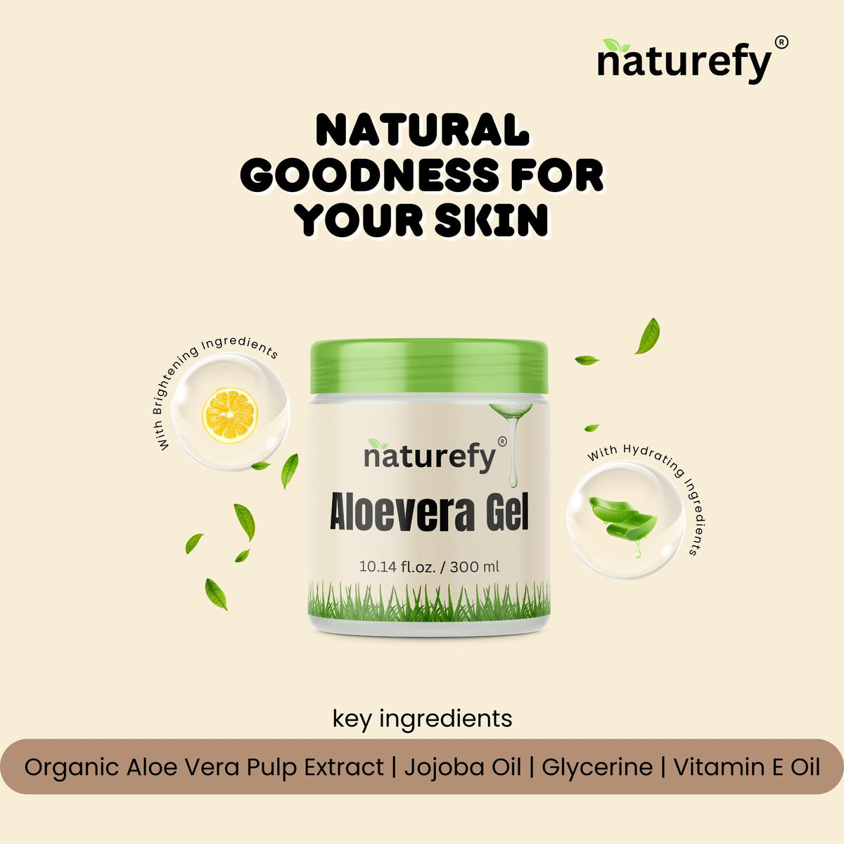 Naturefy label close-up listing jojoba oil and vitamin E benefits