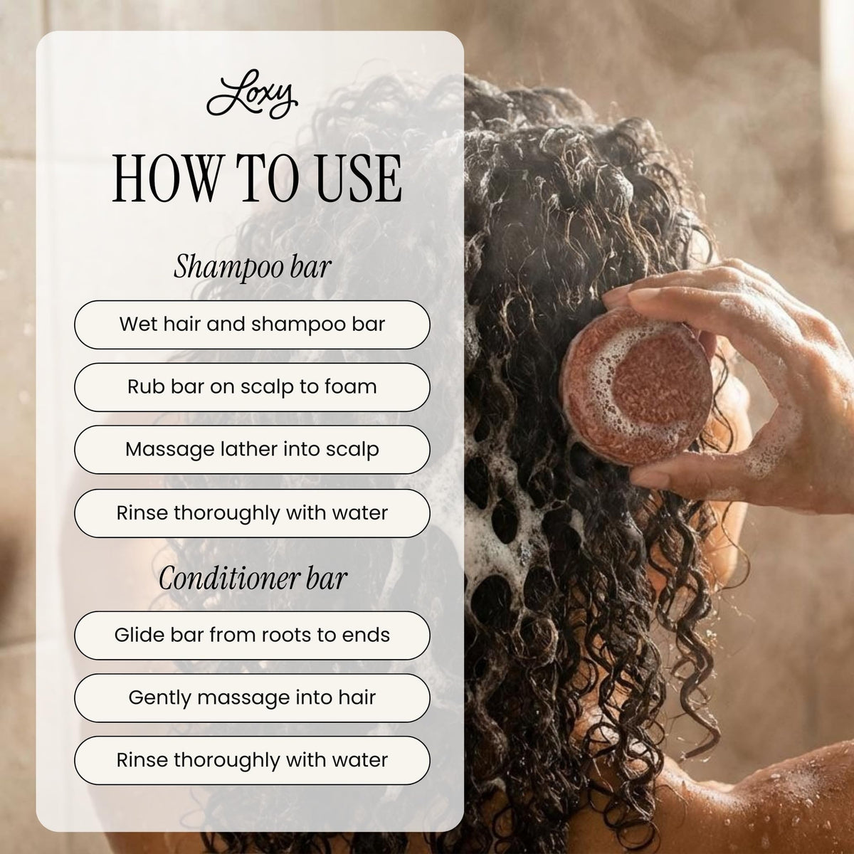 NATURÉL Loxy Relax conditioner bar applied to hair improving softness