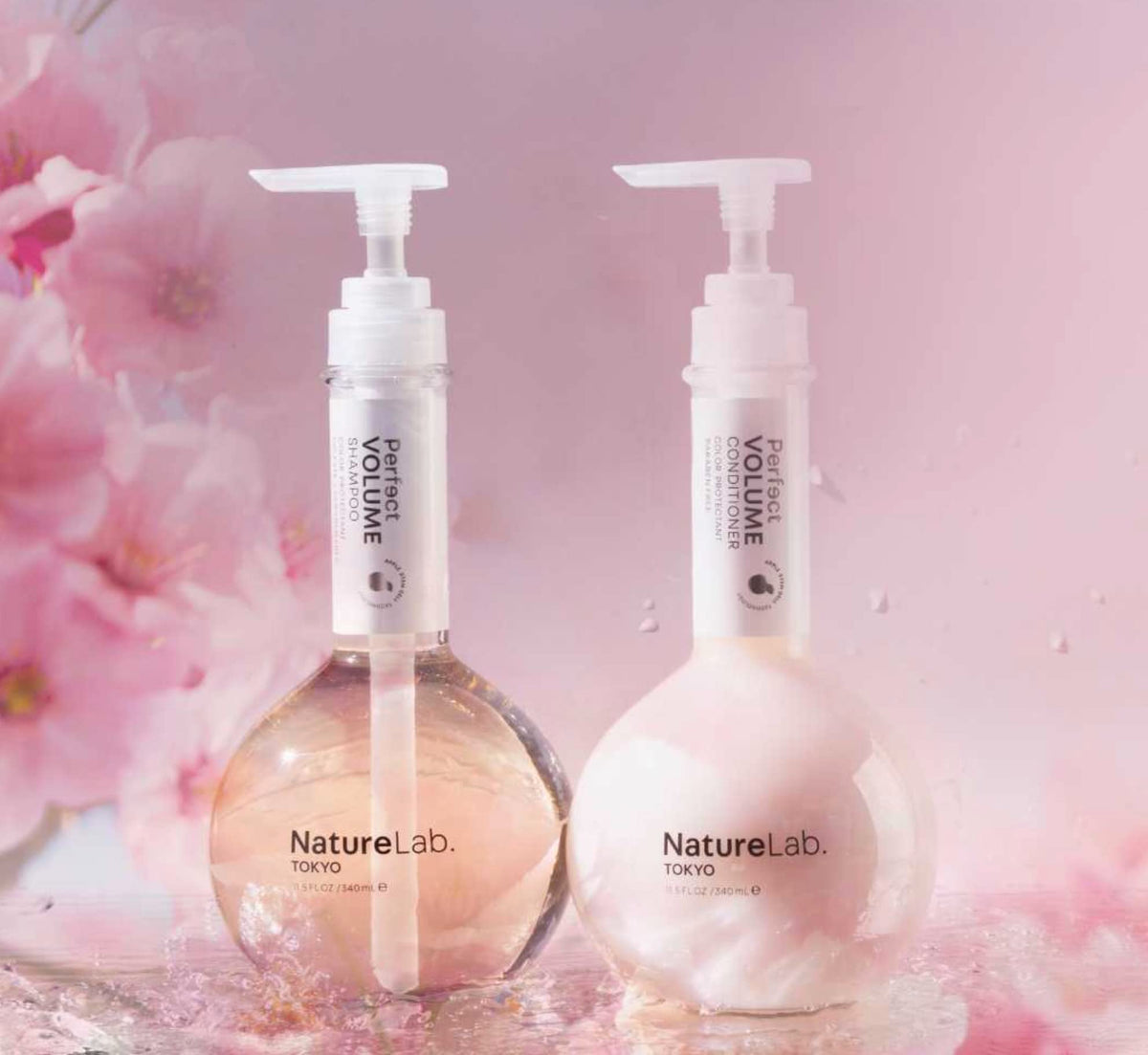 NatureLab.TOKYO duo staged in bathroom to suggest a clean, mindful hair routine