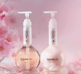 NatureLab.TOKYO duo staged in bathroom to suggest a clean, mindful hair routine