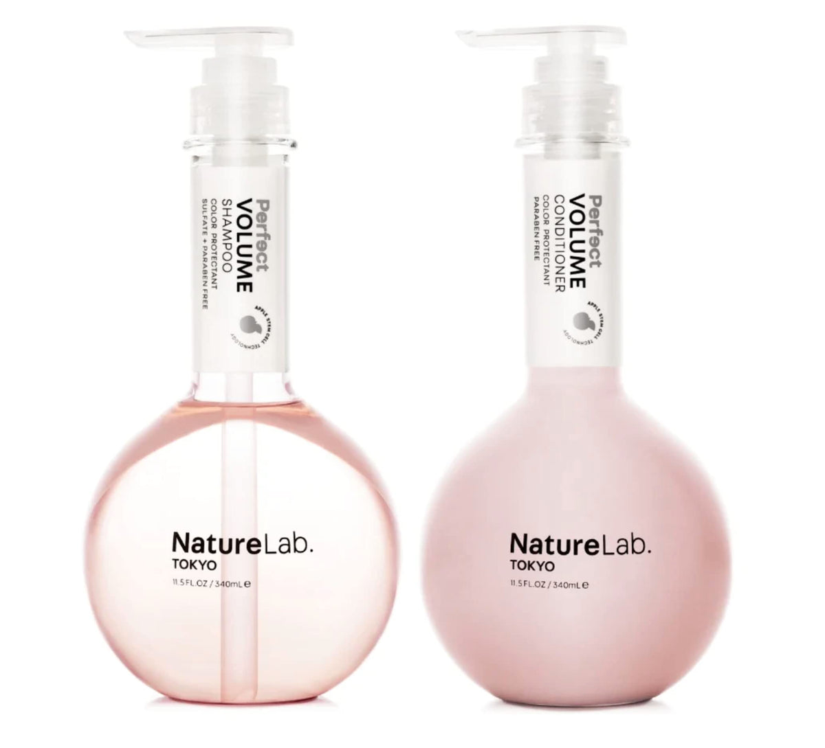 NatureLab.TOKYO front bottles showing duo packaging and benefit of lightweight volume
