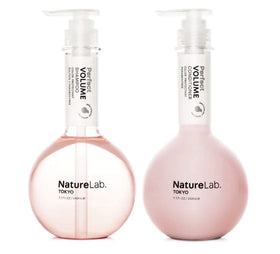 NatureLab.TOKYO front bottles showing duo packaging and benefit of lightweight volume
