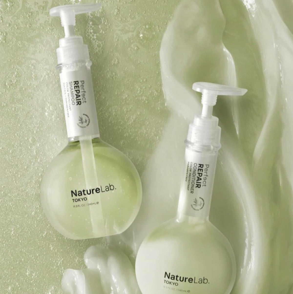 NatureLab.TOKYO bamboo and keratin ingredients arranged to show natural repair