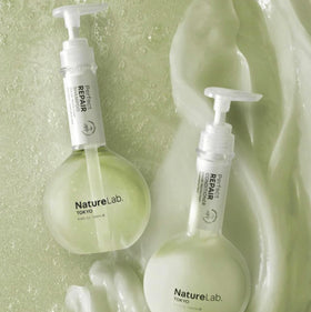 NatureLab.TOKYO bamboo and keratin ingredients arranged to show natural repair