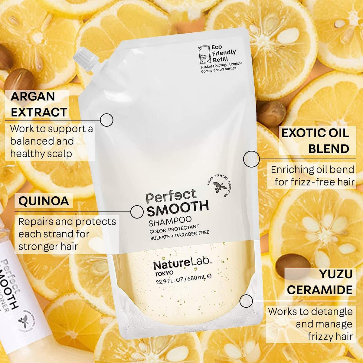 NatureLab.TOKYO pouch close-up focusing on label and material benefit