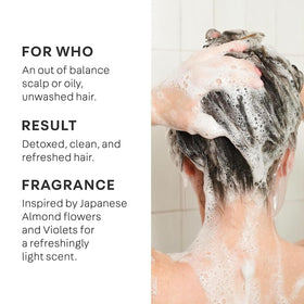 NATURELAB. TOKYO scrub in hand demonstrating easy scalp application benefit