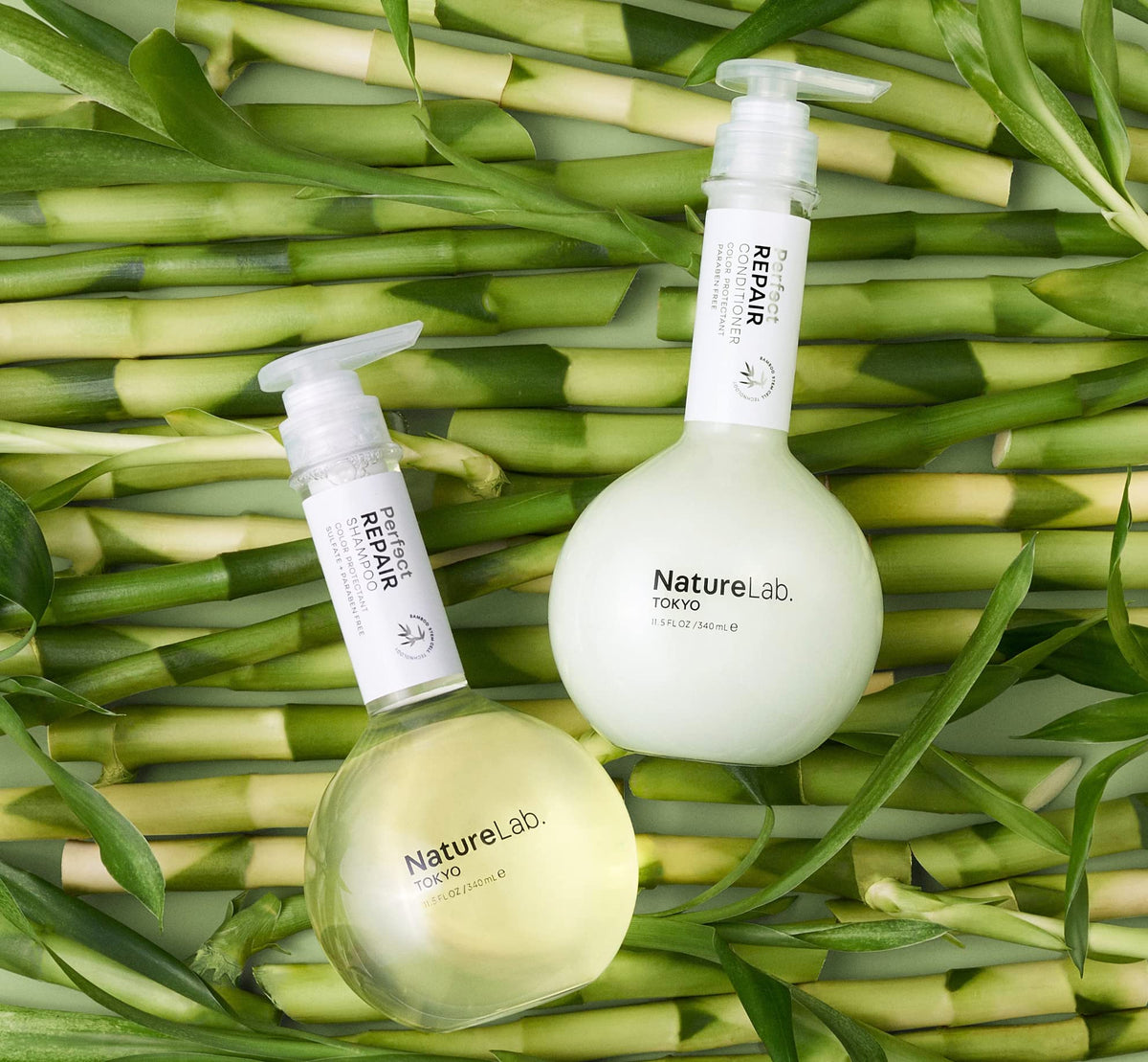 NatureLab.TOKYO shampoo pump close-up illustrating easy dispensing and control