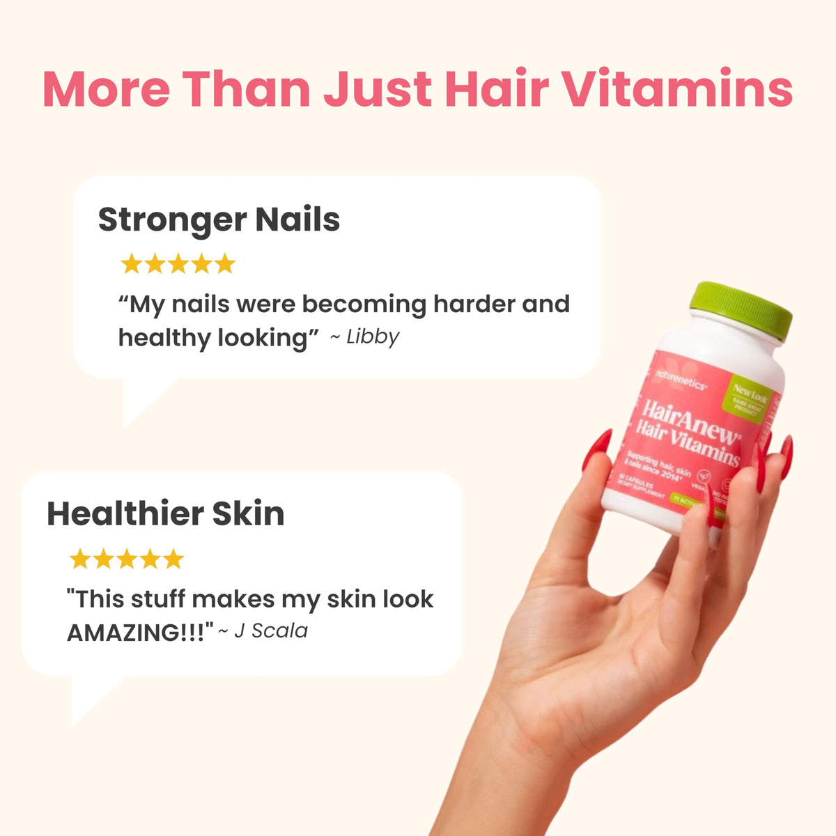 Naturenetics HairAnew serving size on scale illustrating two-capsule daily dose