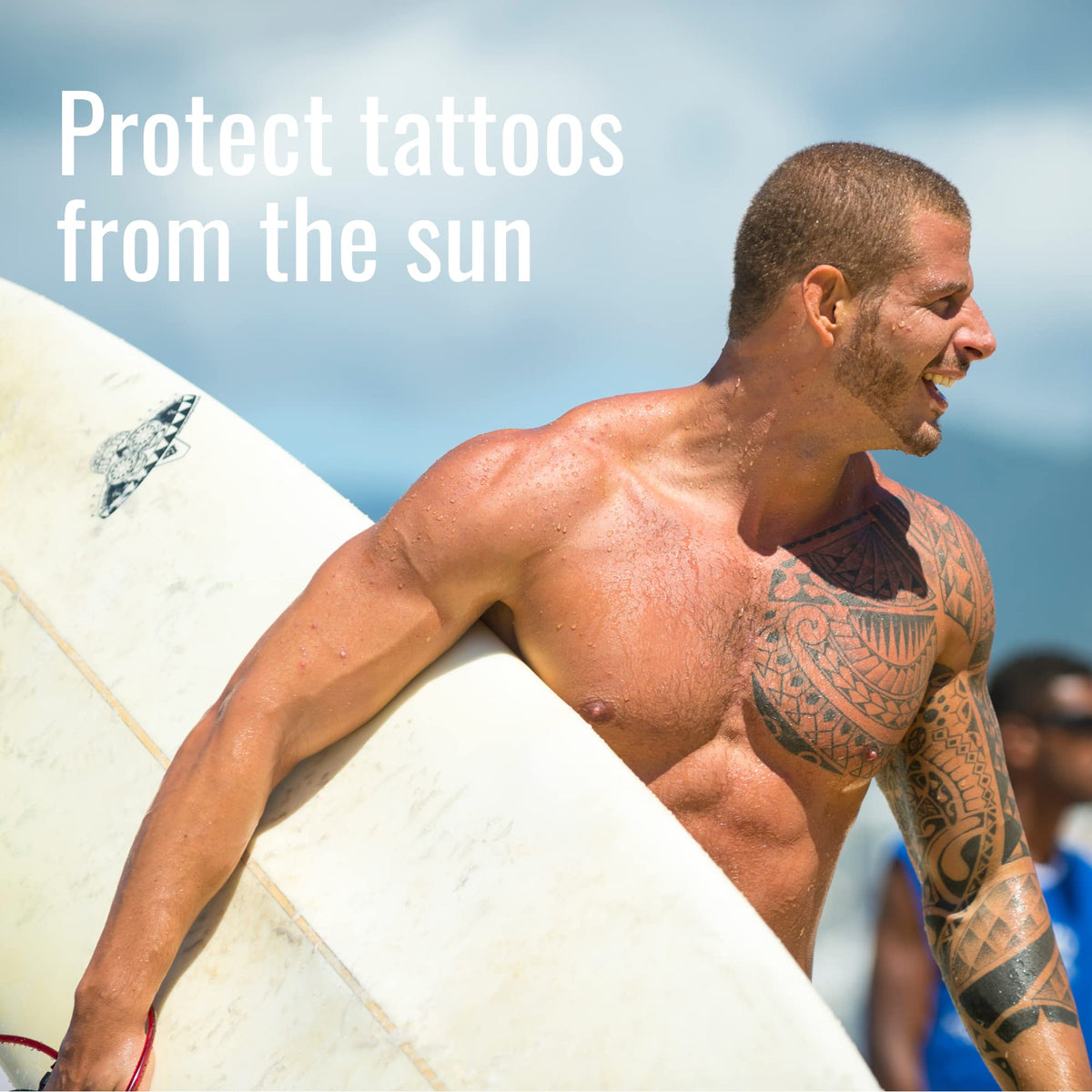 Nature's Apothecary brushing powder off skin to remove sand after beach use