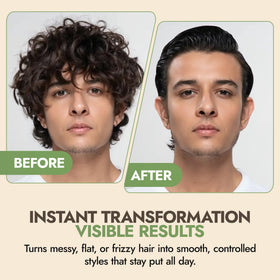 Nature's Brands styling before and after demonstrating frizz control benefit