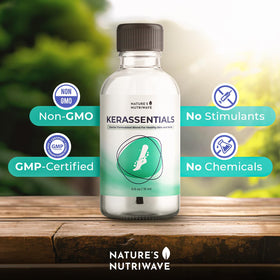 Nature’s NutriWave bottle on vanity with towel suggesting daily grooming ritual