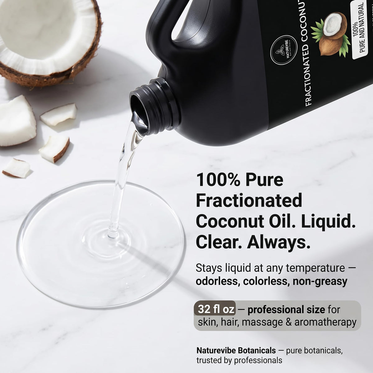 Naturevibe Botanicals jar open with oil pouring, demonstrating easy dispensing benefit
