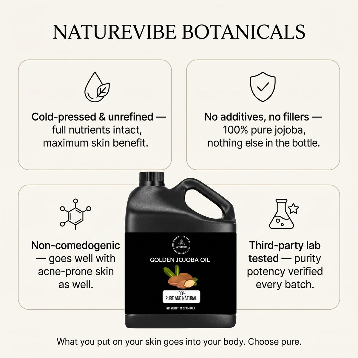 Naturevibe Botanicals label close-up showing cold-pressed purity and ingredient clarity