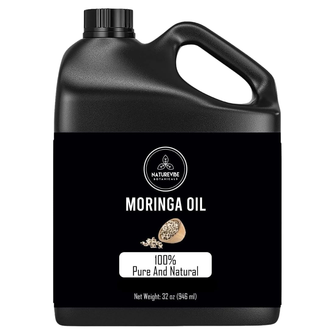 Naturevibe Botanicals moringa oil front view showing 32 oz jar and clean packaging benefit