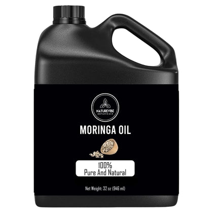 Naturevibe Botanicals moringa oil front view showing 32 oz jar and clean packaging benefit