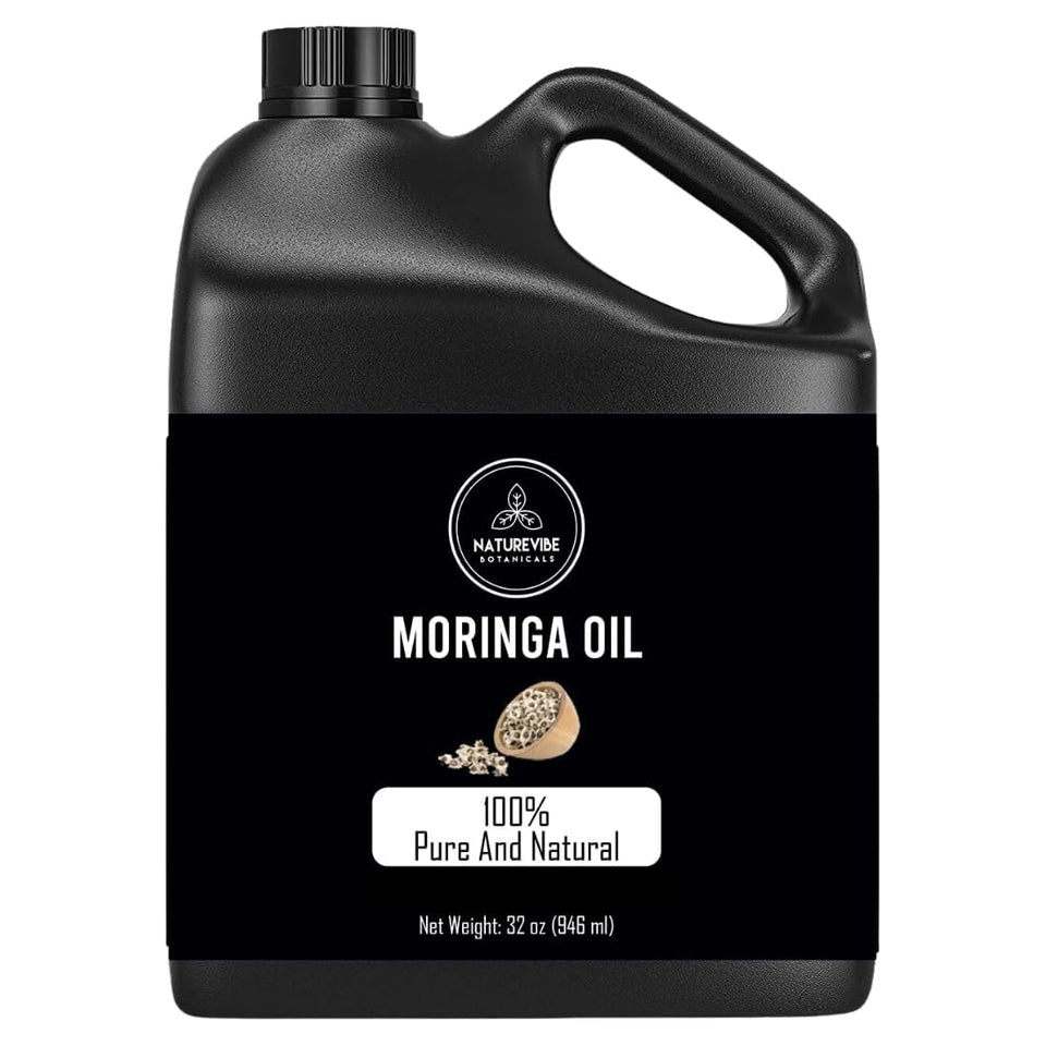 Naturevibe Botanicals moringa oil front view showing 32 oz jar and clean packaging benefit